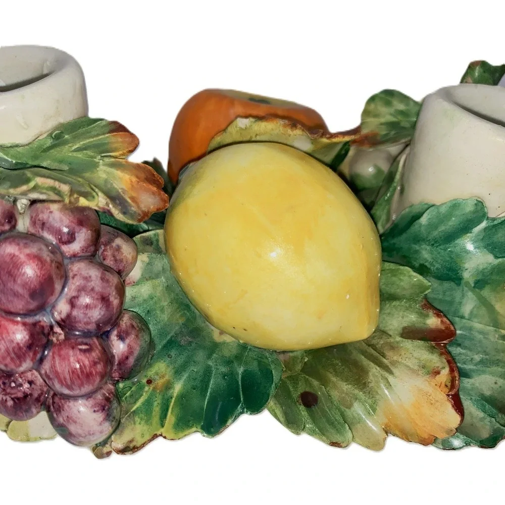 Gorgeous Antique Capodimonte Fruit Foliage Two-Candle Holder Handmade Italy 10x5